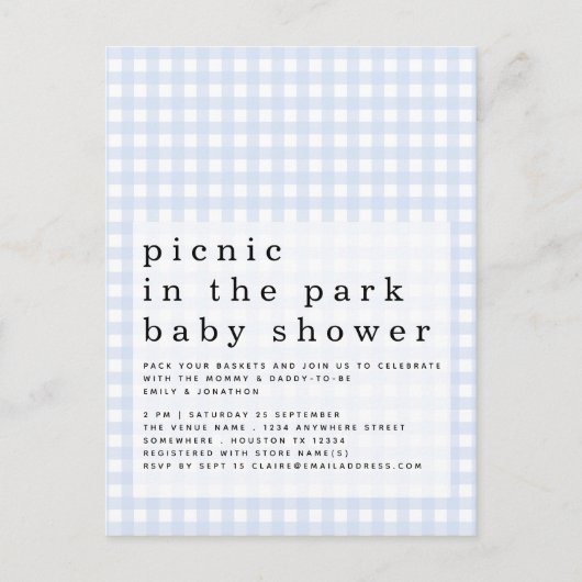 Picnic in Park Baby Dusche Blue Gingham Einladung Postkarte (Vorderseite)