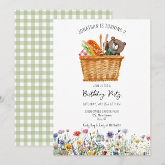 Picnic Kid Birthday Einladung Gingham Wildblumen