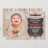 Picnic Party Geburtstag Rot Gingham Foto Einladung (Vorne/Hinten)
