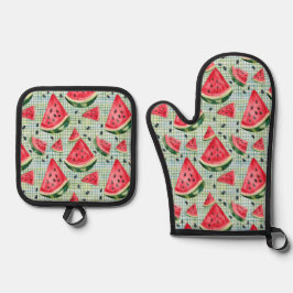 Picnic Patch Watermelon - Wasserfarbene Ofenhandschuh & Topflappen-Set