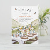 Picnic Peach Wildblumen Butterflies Babydusche Einladung (Stehend Vorderseite)