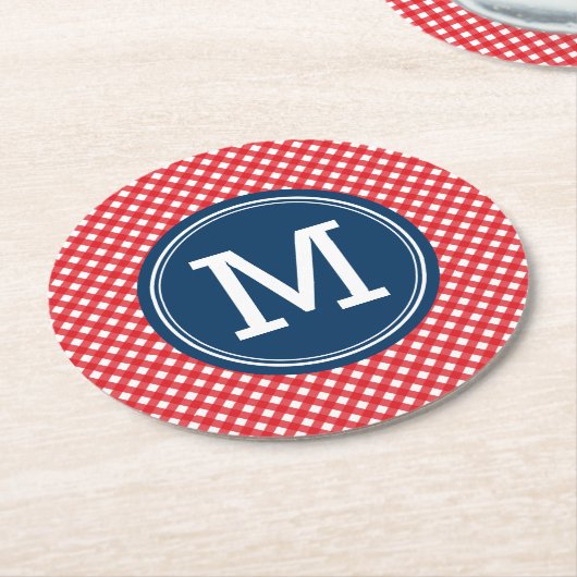 Picnic Red Country Gingham Personalization Monogra Runder Pappuntersetzer (Angewinkelt)