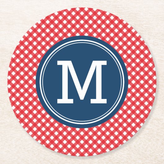 Picnic Red Country Gingham Personalization Monogra Runder Pappuntersetzer (Vorderseite)