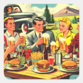 Picnic Retro Comic Quadratischer Aufkleber (Vorderseite)
