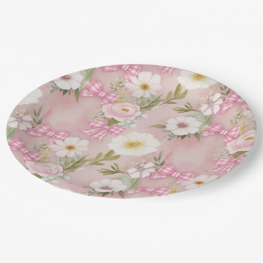 Picnic Tellers - Blume und Gingham Bows Pappteller (Schrägansicht)