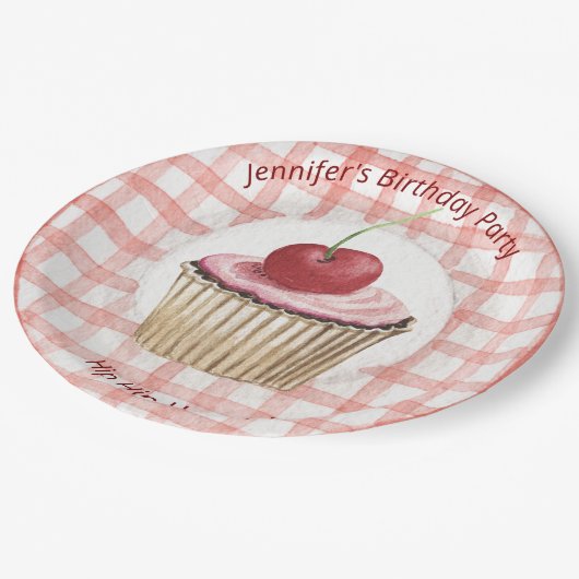 Picnic Tellers - Kinder Retro Cherry Cup Cake Pappteller (Schrägansicht)