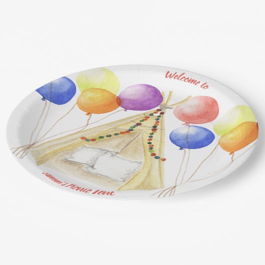 Picnic Tellers - Zelte & Balloons Personalisiert Pappteller (Schrägansicht)