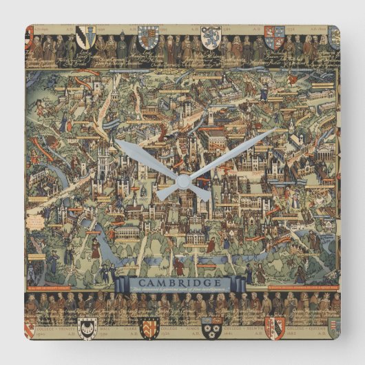 Pictorial Map of Cambridge, England Quadratische Wanduhr (Vorderseite)