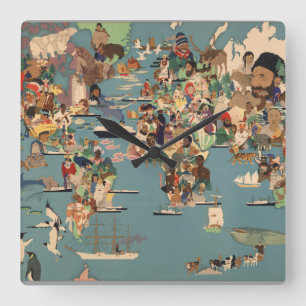 Pictorial Map of the World Quadratische Wanduhr