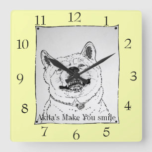 picture of funny akita smiling with slogan quadratische wanduhr