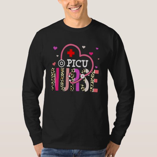PICU Nurse Valentines Day Leopard Heart Stethoscop T-Shirt (Vorderseite)