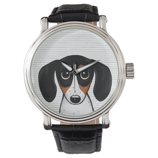 Piebald Dackel Niedlicher Cartoon Welpenhund Armbanduhr (Vorderseite)
