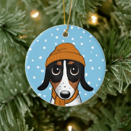 Piebald Dackel Niedlicher Winterhund Keramik  Ornament (Baum)