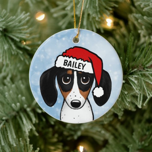Piebald Dackel Santa Dackel Hund Individuelle Name Keramik Ornament (Baum)