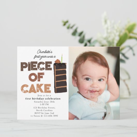 Piece of Cake Invite 1st First Birthday Photo Einladung (Stehend Vorderseite)