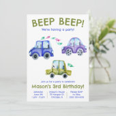 Piep Beep! Wasserfarbwagen, Fahrzeug zum Geburtsta Einladung (Stehend Vorderseite)