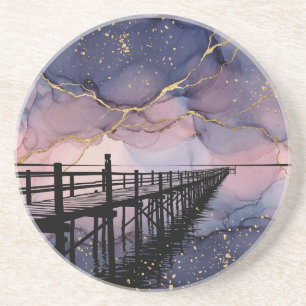 Pier bei Dämmerung Alcohol Ink Dämmerung Sandstein Getränkeuntersetzer