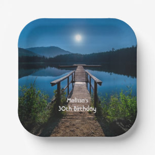 Pier bei Nacht unter Vollmond Pappteller
