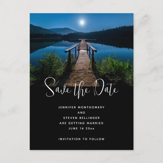 Pier bei Nacht unter Vollmond Save the Date Einladungspostkarte (Vorderseite)