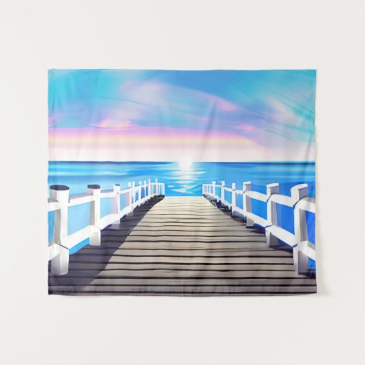 Pier, Ozean und Himmel bei Morgendämmerung Wandteppich (Vorderseite (Horizontal))
