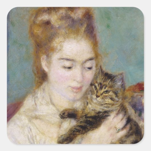 Pierre A Renoir | Frau mit Katze Quadratischer Aufkleber (Vorderseite)