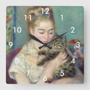 Pierre-Auguste Renoir - Frau mit einer Katze Quadratische Wanduhr