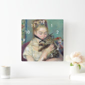 Pierre-Auguste Renoir - Frau mit Katze Quadratische Wanduhr (Zuhause)