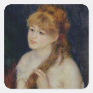 Pierre eine Renoir   junge Frau, die ihr Haar Quadratischer Aufkleber