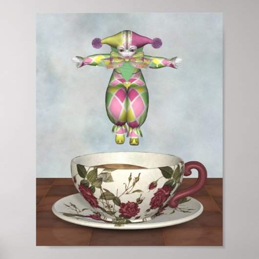 Pierrot Clown Doll springt in einen Teecup Poster (Vorne)