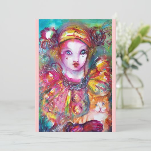 PIERROT MIT CAT / Mardi Gras Masquerade Party Einladung (Stehend Vorderseite)