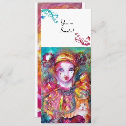 PIERROT MIT CAT / Mardi Gras Masquerade Party Einladung (Vorne/Hinten)