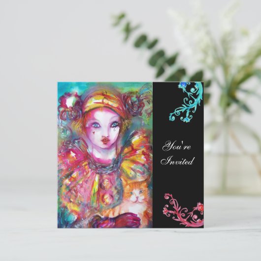 PIERROT MIT CAT / Mardi Gras Masquerade Party Einladung (Stehend Vorderseite)