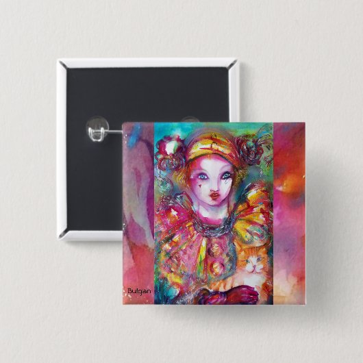 PIERROT MIT KATZE/Venezianischen Maskenmasken Button (Vorne & Hinten)