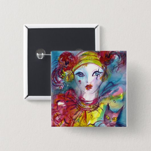 PIERROT MIT KATZE/Venezianischen Maskenmasken Button (Vorne & Hinten)