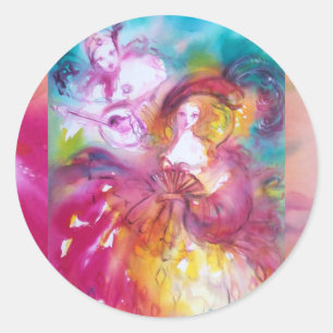 PIERROT UND ARLECCHINA Venezianischer Karneval, Runder Aufkleber