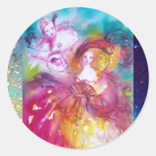 PIERROT UND ARLECCHINA Venezianischer Karneval, Runder Aufkleber