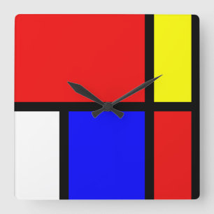 Piet Mondrian Art Style Modern Bright Colors Squar Quadratische Wanduhr