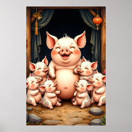  Pig Art – Mother & Piglets Poster