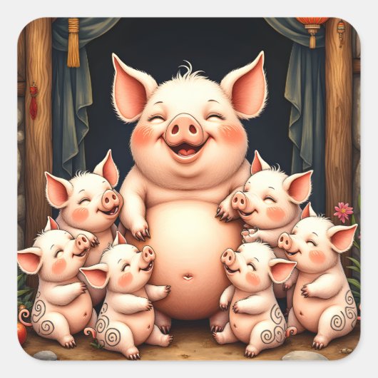 Pig Art – Mother & Piglets Quadratischer Aufkleber (Vorderseite)