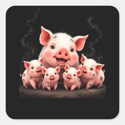 Pig Artwork – Mother Pig & Piglets Quadratischer Aufkleber (Vorderseite)