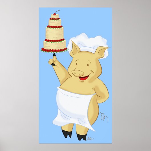 Pig Baker Holding Cake Poster Print (Vorne)