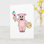 Pig beim Anmalen mit Pinsel und Farbe Karte (Gelbe Blume)
