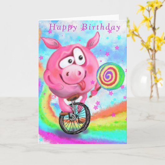 Pig Cyclist mit Lollipop Funny Birthday Card Karte (Gelbe Blume)