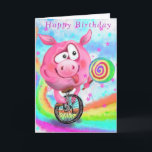 Pig Cyclist mit Lollipop Funny Birthday Card Karte<br><div class="desc">Hübsche Geburtstagskarten mit Happy Circus Acrobat Pig Cyclist Licks Lollipop - MIGNED Painting - Anpassbar</div>