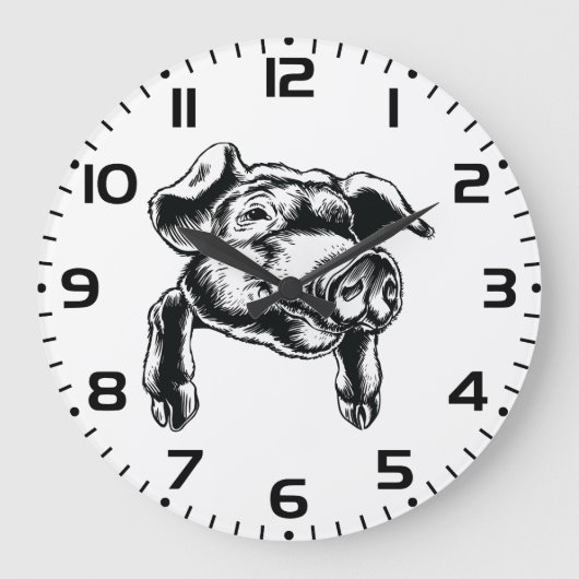 Pig Head Farm Animal Drawing in Black White Große Wanduhr (Vorderseite)