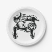 Pig Head Farm Animal Drawing in Black White Pappteller (Vorderseite)