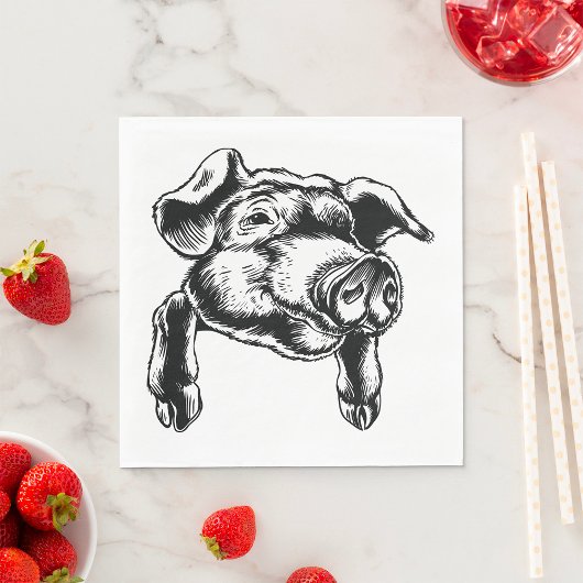 Pig Head Farm Animal Drawing in Black White Serviette