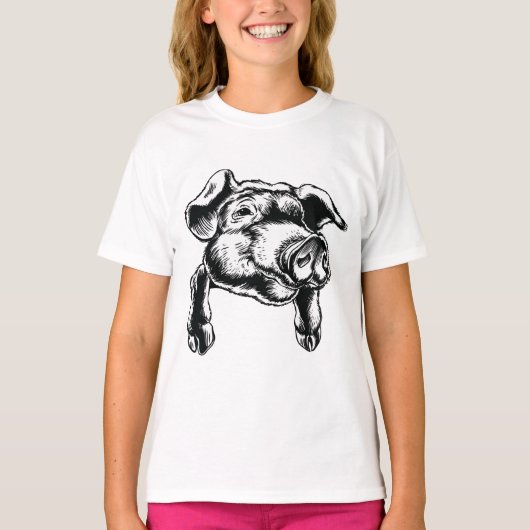 Pig Head Farm Animal Drawing in Black White T-Shirt (Vorderseite)
