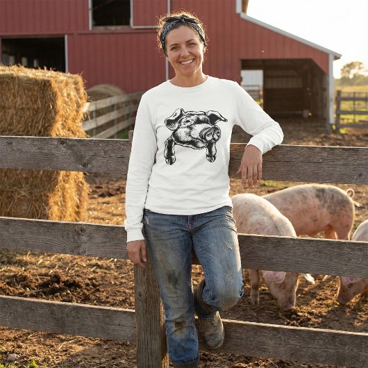 Pig Head Farm Animal Drawing in Black White T-Shirt