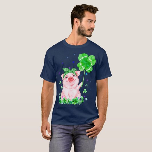 Pig Holding Kleeblatt Stars Niedlich St Patricks D T-Shirt (Vorne ganz)